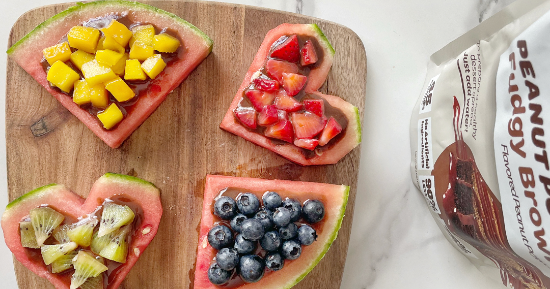 Rainbow Watermelon Pizza with Fudgy Brownie Flavored Peanut Butter Powder 