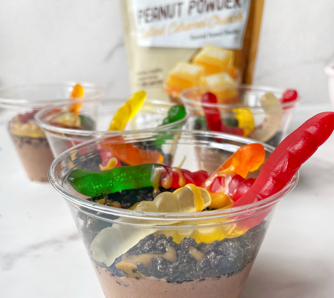 Dirt Cups with Salted Caramel Flavored Peanut Butter Powder