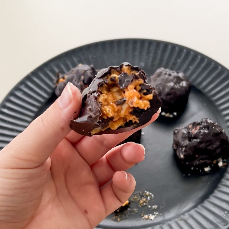 Chocolate Peanut Butter Rice Cake Balls with Salted Caramel FPB